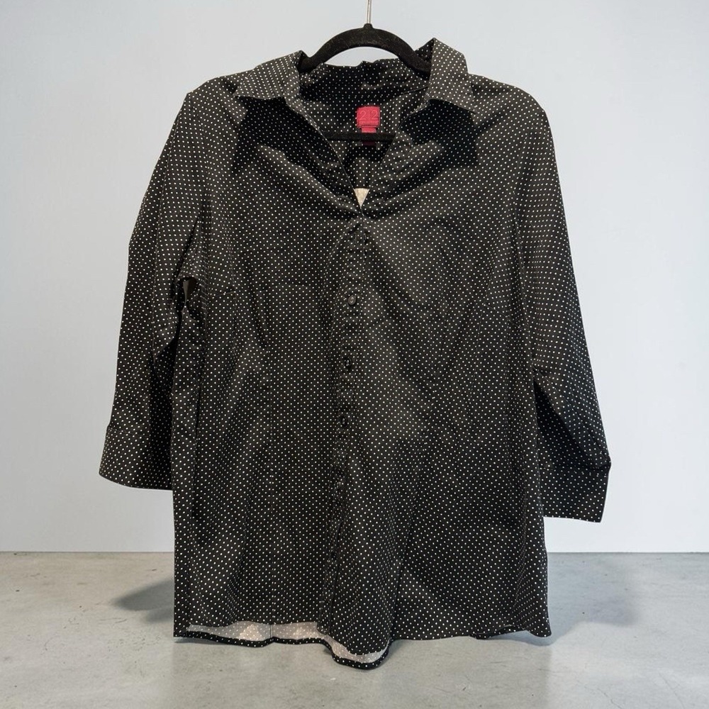 212 Collection Women's XL Black/White Polka Dot Collared Button-Up 3/4 Sleeve